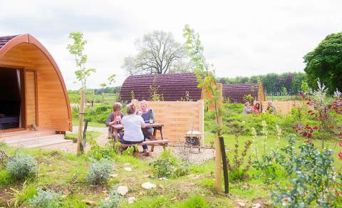 A group of people sit on a picnic bench in a small garden in front of a glamping pod