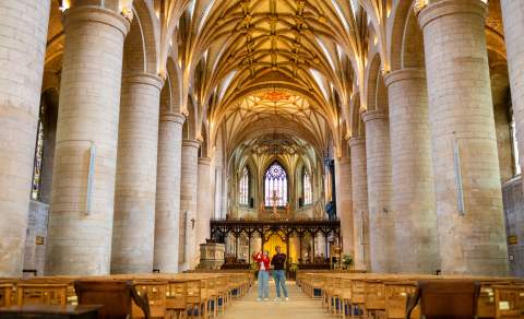 Looking down the nave of Tewkesbury Abbey