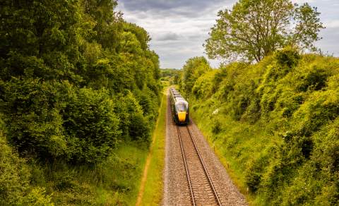 A train travels past trees in the Cotswolds