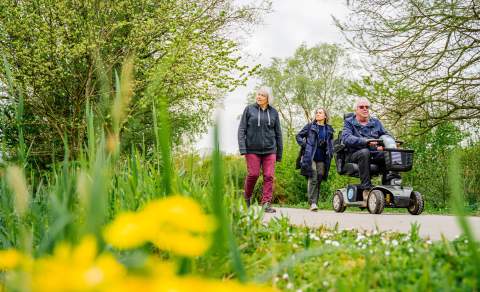 Wheelchair user accompanied by two people walking