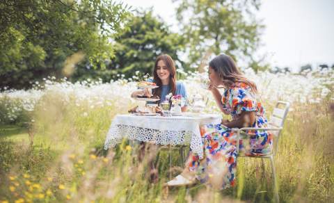 Two women enjoying afternoon in the meadow at Bourton Hill Gardens
