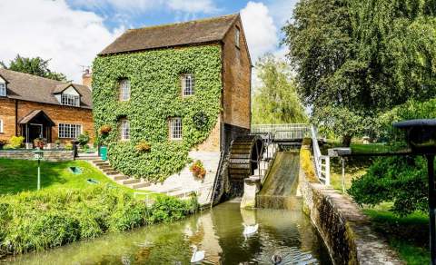 Swans swim next to a water mill covered in ivy at Grafton Mill, part of Sykes Cottages in the Cotswolds