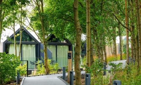 A path leads through a copse of trees to a modern lodge with large glass windows at Feldon Valley in the Cotwolds