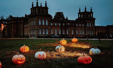Lit pumpkins are scattered in front of Blenheim Palace in the Cotswolds