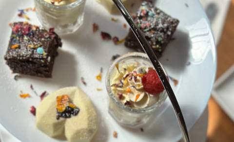 Afternoon tea with plate of cakes from the Old Lamp Room in Cottingham, East Yorkshire