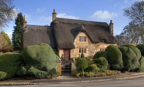 A beautiful thatched cottage surrounded by topiary trees from Manor Cottages in the Cotswolds