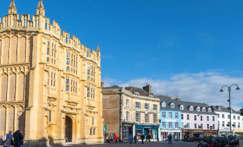 View of Market Place in Cirencester in late Autumn sunlight