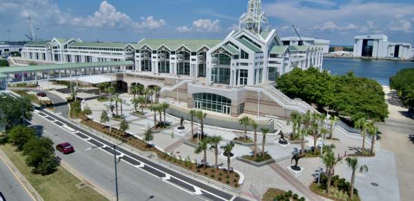Aerial shot of the Hall of Fame Walk and Convention Center