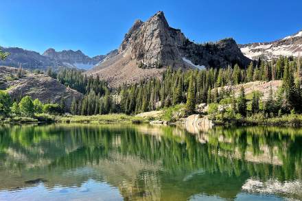 View of the mountain reflected in Lake Blanche