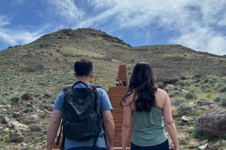 Couple walking up the Herriman stairs in Salt Lake.