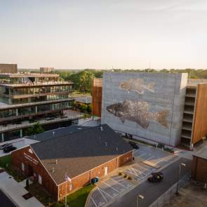 An aerial photo of Ledger's parking garage featuring two enormous sparkly fish