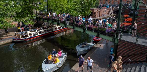 People walking over the bridge at brindley Place