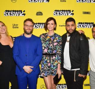 L to R June Diane Raphael and Seth Rogen and Charlize Theron and O Shea Jackson Jr and Ravi Patel Long Shot Red Carpet Premiere at SXSW Film 2019