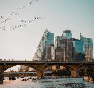 Austin city skyline with birds flying over a bridge at Lady Bird Lake