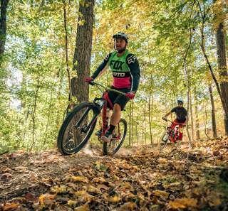 2 men riding bikes through woods