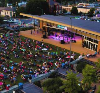 aerial shot of a crowd at an outdoor concert venue