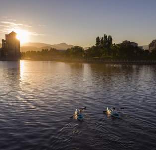 Kayaks on the lake in downtown Kelowna