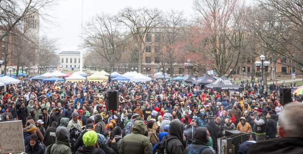 Wide view of crowd on the diag at Ann Arbor Hash Bash 2025
