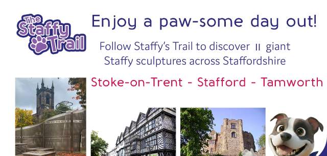 Infographic for the 2026 Staffy Trail launching on Staffordshire Day (1st May) featuring 11 large sculptures in a series of trails