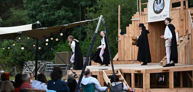 A side view of the audience and performers on stage at Bolton Gate Farm, Staffordshire