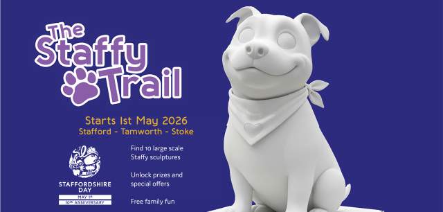 Graphic promoting the Staffy Trail sculpture art trail starting on Staffordshire Day, Friday 1st May 2026.