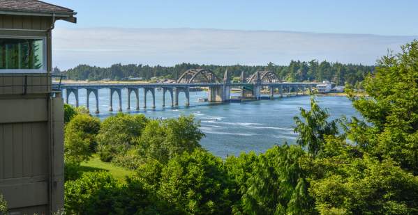 A view showing the historic Siuslaw Bridge over the Siuslaw River.