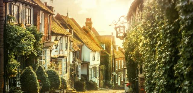 Rye cobbled street at sunset