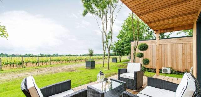 A wooden lodge with a sofa set looking out to the vineyards at Tinwood, Sussex