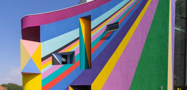External view of Towner Gallery with colourful striped paintwork