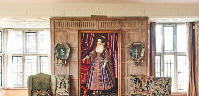 Parlour with period features and portrait at Parham House in Sussex