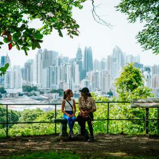 Viewpoint at Metropolitan Natural Park, at the background skyline of Panama City, Panamá
