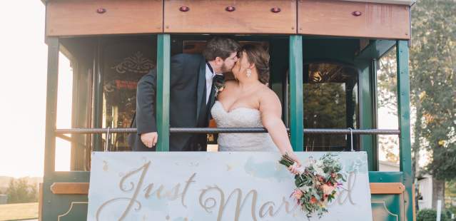Wedding couple on trolley