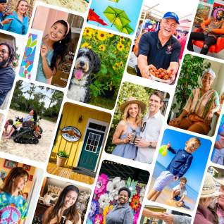 A collection of photos of Northshore residents in diagonal frames.