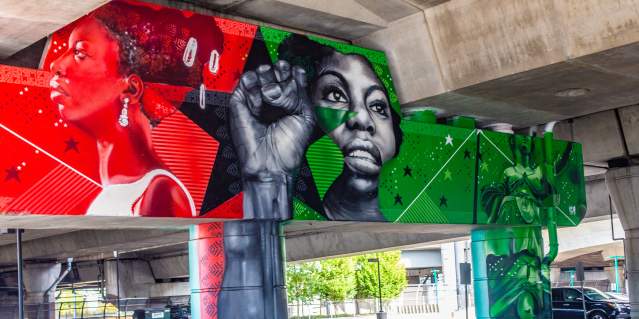 Boston mural featuring Nina Simone with raised fist