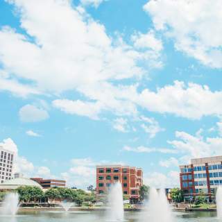 City Center skyline with fountains and clouds in the sky