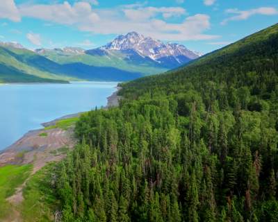 Eklutna Lake and the Chugach Mountains as seen from the air.