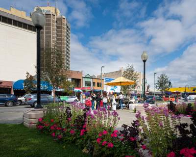 Flowers fill beds and baskets in downtown Anchorage.