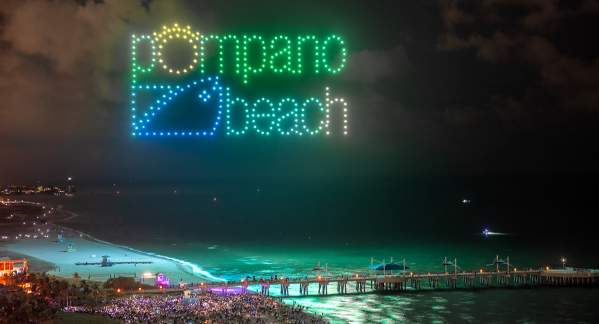 Pompano Beach logo created by drones over the ocean north of the Fisher Family Pier
