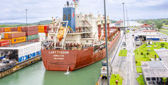 Vertical view of Miraflores Locks, Container ship transit Panama Canal