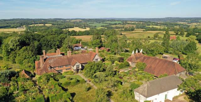 Aerial view of house and gardens at Great Dixter