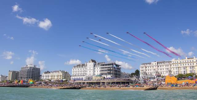 Red arrow display over the seafront at Eastbourne Air Show