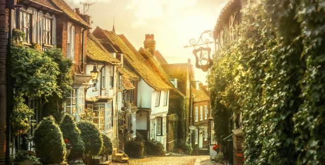 Rye cobbled street at sunset