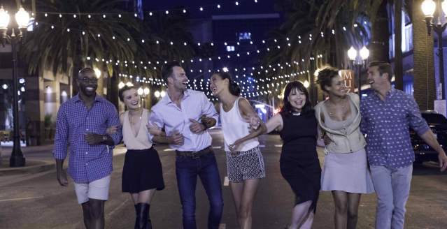 Group of Friends Enjoying Nightlife on Center Street in Anaheim