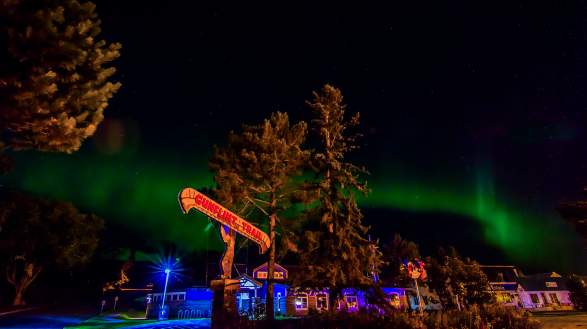 Grand Marais street with Northern Lights and Gunflint Trail sign