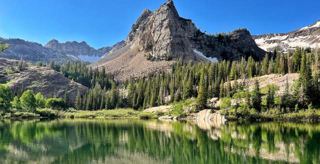 View of the mountain reflected in Lake Blanche