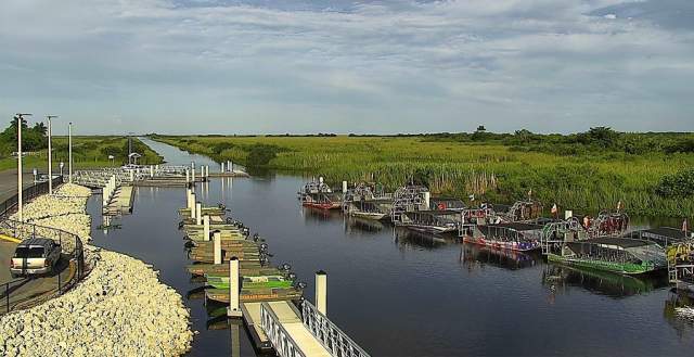 View of docked airboats taken from the EarthCam at Everglades Holiday Park