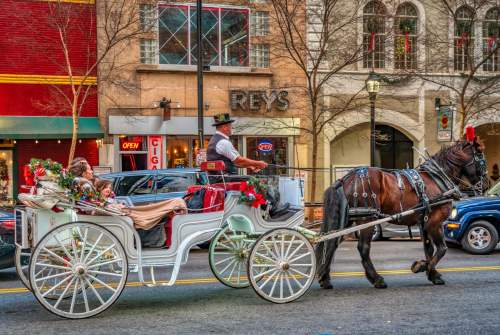 A white horse-drawn carriage decorated with Christmas garland and lights trots down Main Street in downtown Greenville, SC.