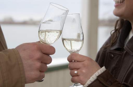 A couple toasting wine