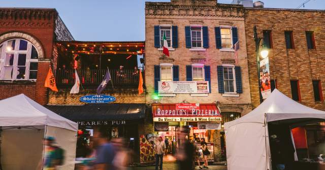 people walking down 6th Street in front of Roppolo's Pizzeria and Shakespeare's Pub in Austin Texas
