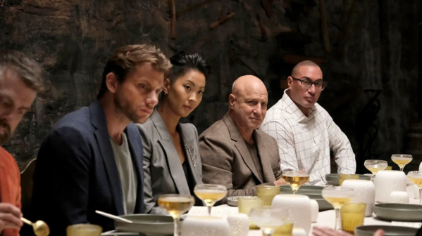 Luke Zahm, Charlie Berens, Kristen Kish, Tom Colicchio and Omar Shaikh in Episode 2 of "Top Chef" at the judges table.